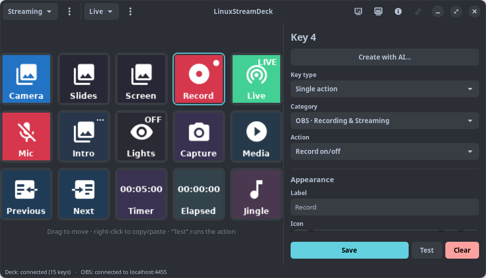 The LinuxStreamDeck window: a 15-key virtual deck on the left and the key editor on the right.