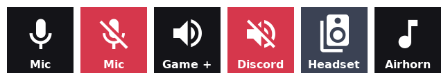 Six audio keys: microphone, a red muted microphone, game volume up, a red muted Discord, a headset device switch and a sound effect.