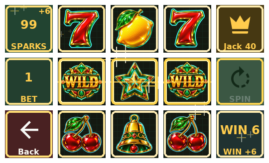 Neon Jackpot running across a 15-key Stream Deck: three symbol reels, a gold payline, arcade credits, bet, jackpot and spin controls.