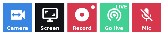 Five keys: an active Camera scene lit blue, an inactive Screen scene, a red Record key, a green Go live key badged LIVE, and a red muted Mic key.