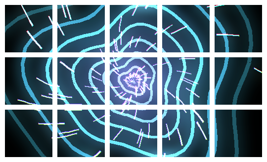 The Hyperspace screen saver drawn as one coordinated image across a 15-key grid.